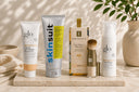 Professional facial sunscreen and skincare products styled in a spa-inspired setting for year-round skin protection in the Pacific Northwest.