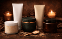 luxury body lotions and exfoliating scrubs displayed in a warm, spa-inspired setting at Gene Juarez Salon & Spa