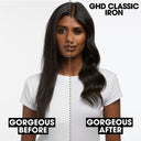 Before and after comparison of hair using a GHD Classic Iron, Shop at Gene Juarez Salon & Spa