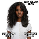 Before and after comparison of hair using GHD Grand Iron, Shop at Gene Juarez Salon & Spa